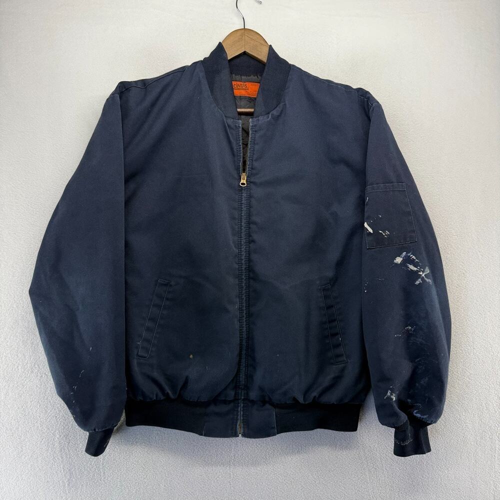 Vintage Cintas Bomber Jacket Men's XL Blue Navy Zip Quilted Lined Paint Faded